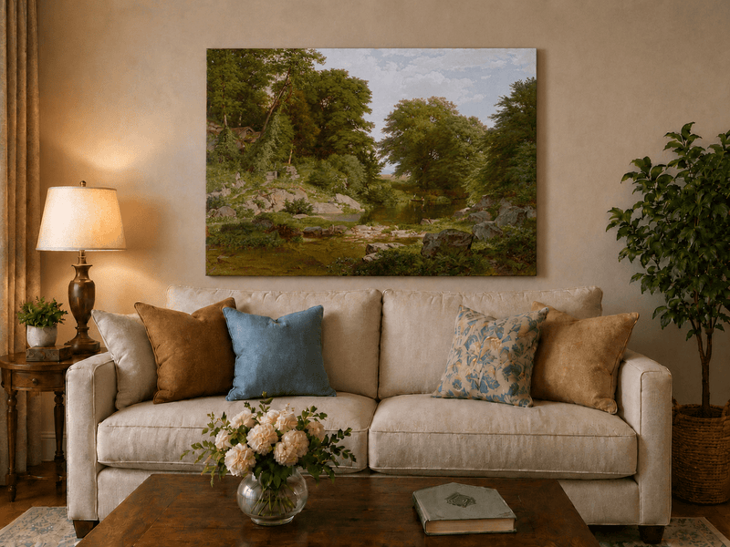 Landscape Oil Painting - Shallow Stream, Rocks, Lush Trees