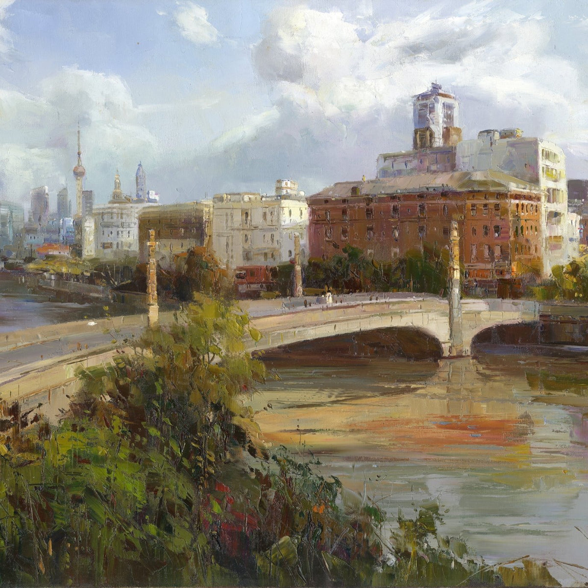 Landscape Oil Painting - Shanghai Cityscape: Oriental Pearl Skyline - Oil Painting Haven