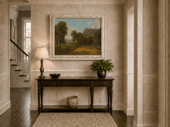 Hand-painted shepherd and sheep on a mountain path landscape oil painting displayed above a console table in a hallway interior.