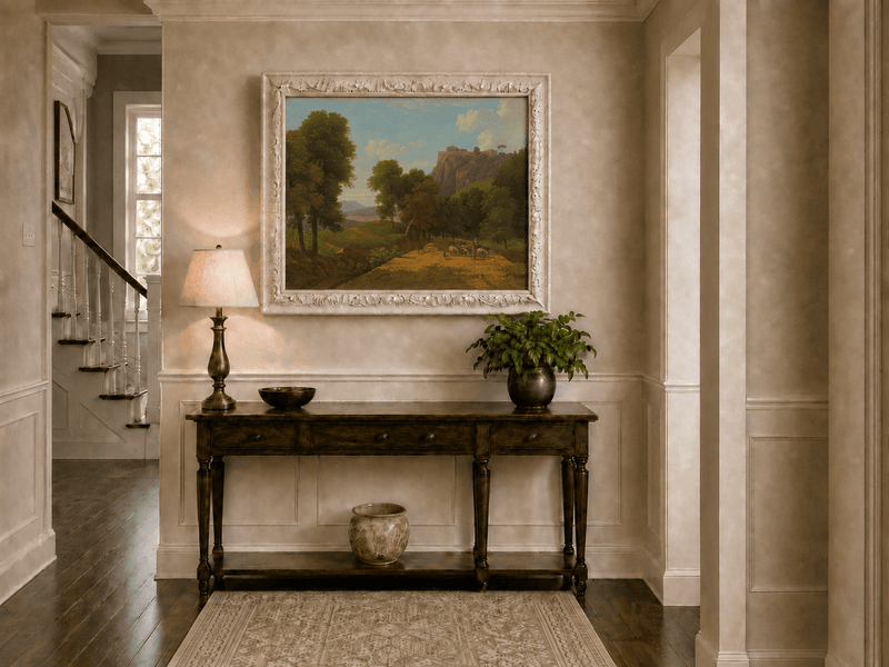 Hand-painted shepherd and sheep on a mountain path landscape oil painting displayed above a console table in a hallway interior.