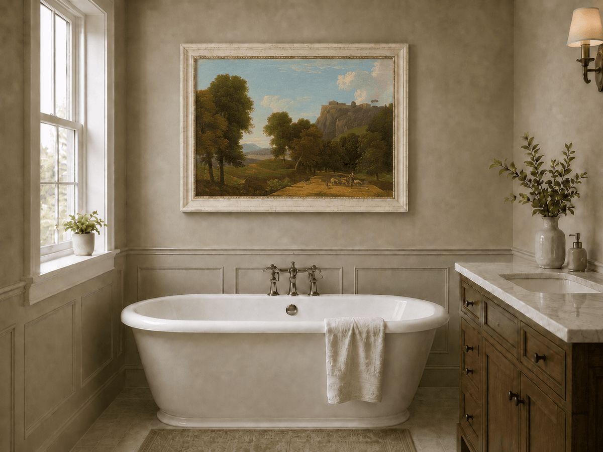 Hand-painted shepherd and sheep on a mountain path landscape oil painting displayed in a bathroom interior above a bathtub.