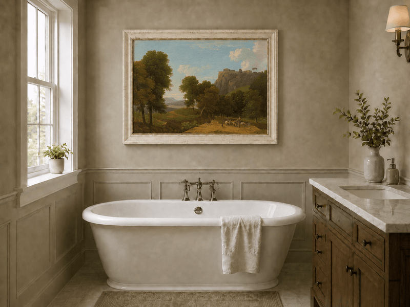 Hand-painted shepherd and sheep on a mountain path landscape oil painting displayed in a bathroom interior above a bathtub.