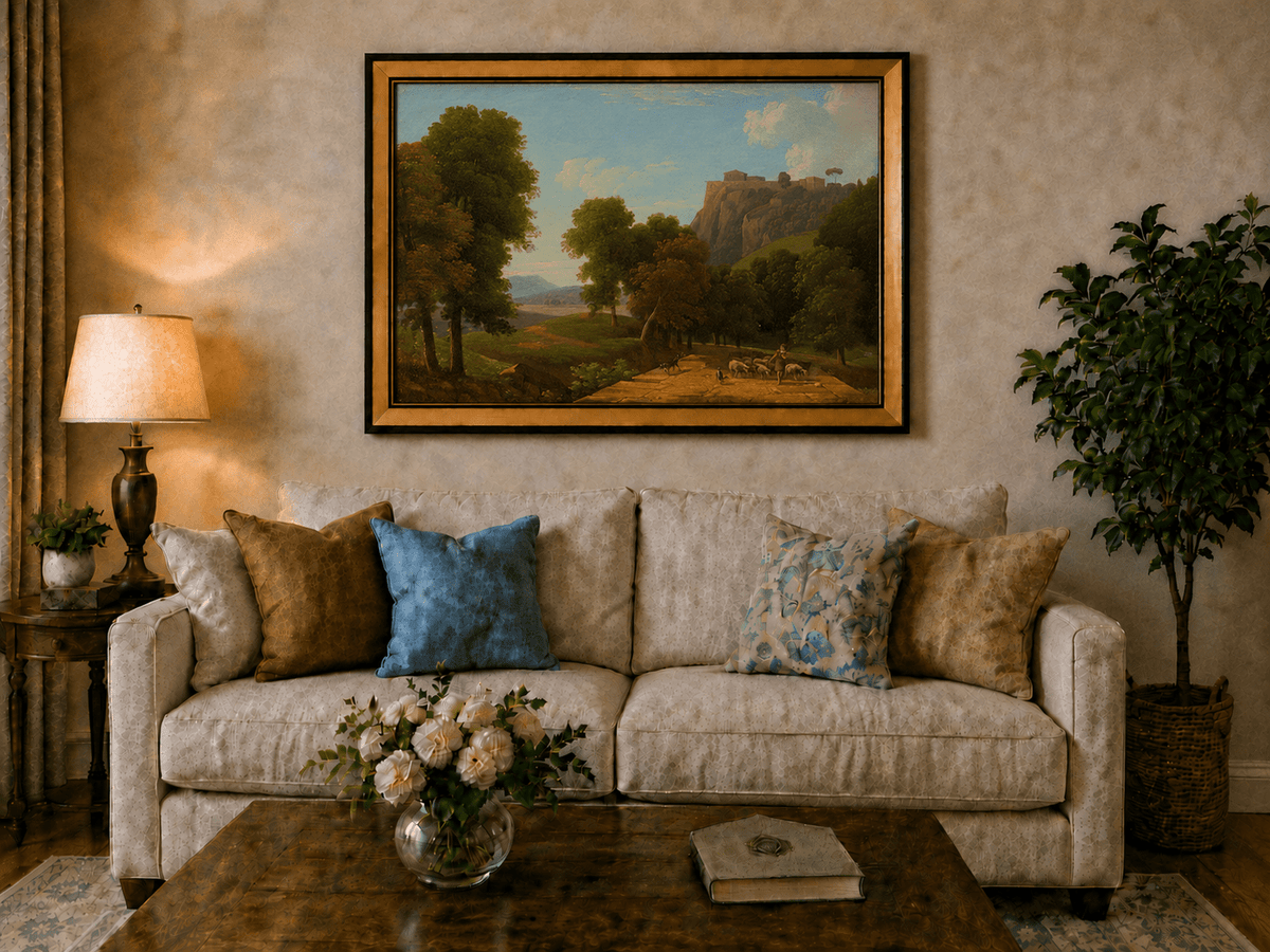 Hand-painted shepherd and sheep on a mountain path landscape oil painting displayed above a sofa in a living room interior.