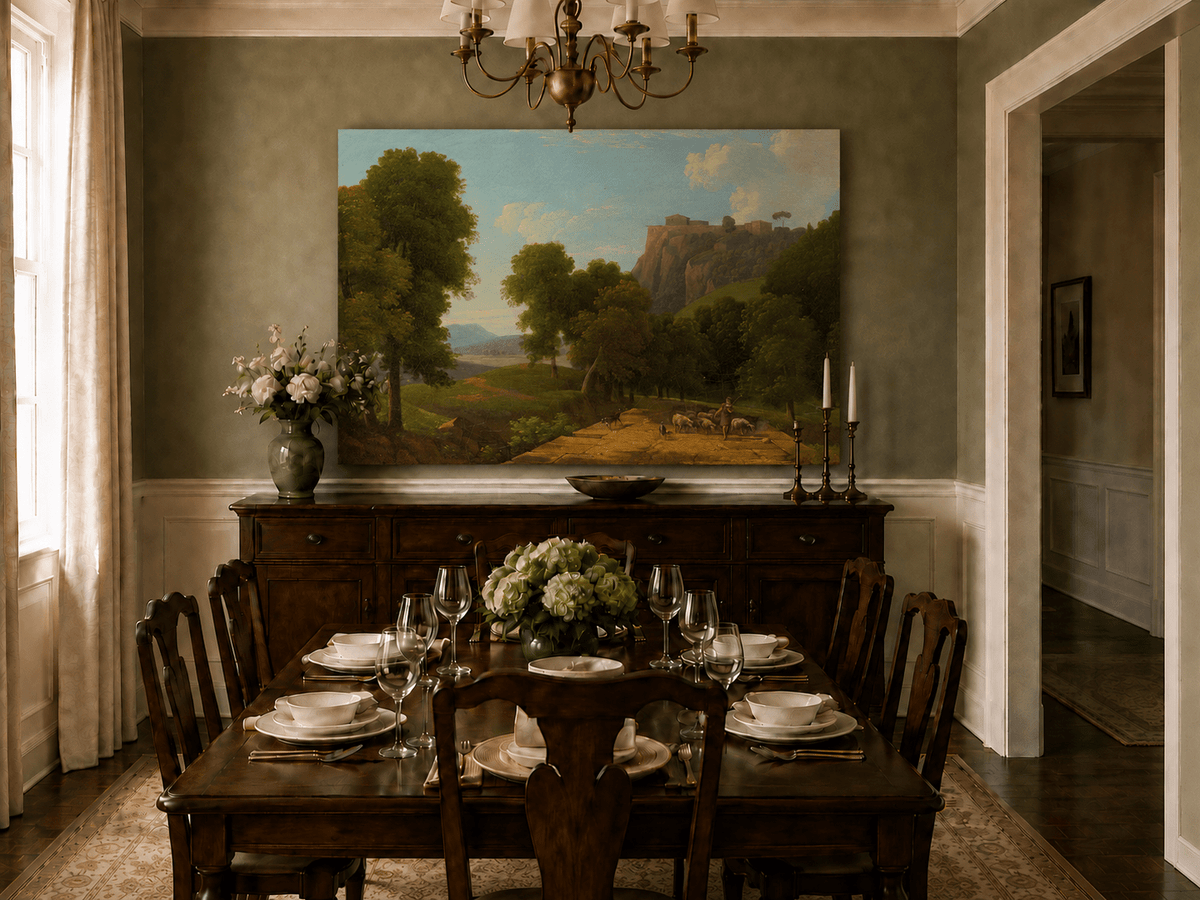 Hand-painted shepherd and sheep on a mountain path landscape oil painting displayed above a sofa in a living room interior.
