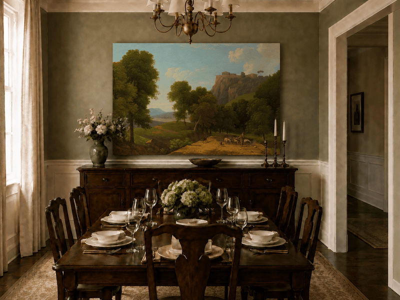 Hand-painted shepherd and sheep on a mountain path landscape oil painting displayed above a sofa in a living room interior.