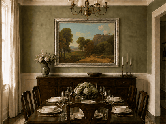 Hand-painted shepherd and sheep on a mountain path landscape oil painting displayed in a dining room interior.