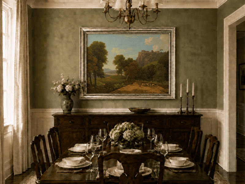 Hand-painted shepherd and sheep on a mountain path landscape oil painting displayed in a dining room interior.