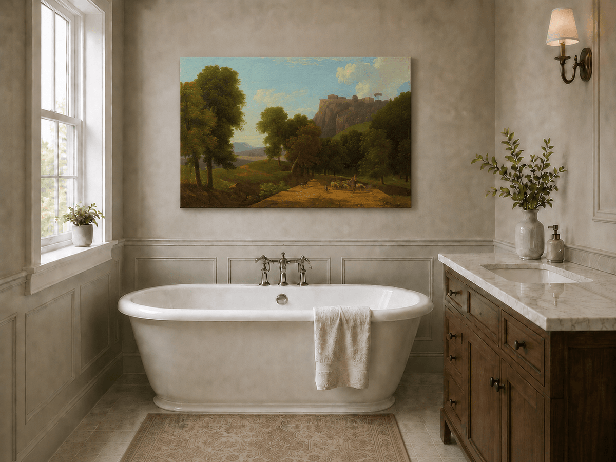 Hand-painted shepherd and sheep on a mountain path landscape oil painting displayed above a bed in a bedroom interior.
