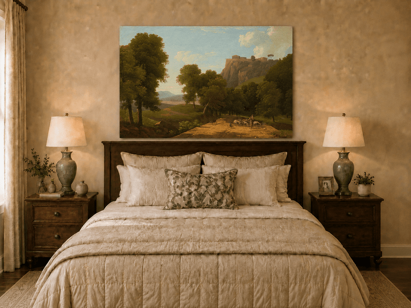 Hand-painted shepherd and sheep on a mountain path landscape oil painting displayed above a desk in a home office interior.