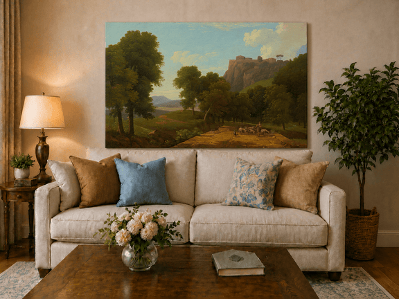 Hand-painted shepherd and sheep on a mountain path landscape oil painting displayed in a dining room interior.