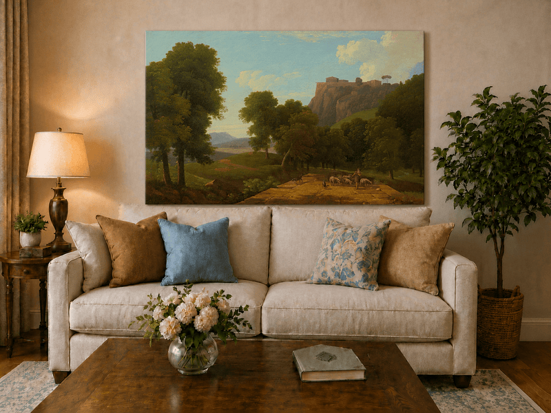 Hand-painted shepherd and sheep on a mountain path landscape oil painting displayed in a dining room interior.