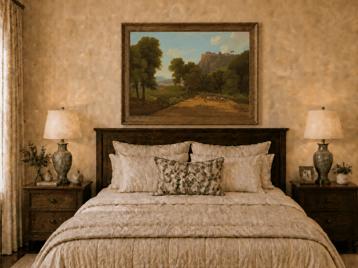 Hand-painted shepherd and sheep on a mountain path landscape oil painting displayed above a bed in a bedroom interior.