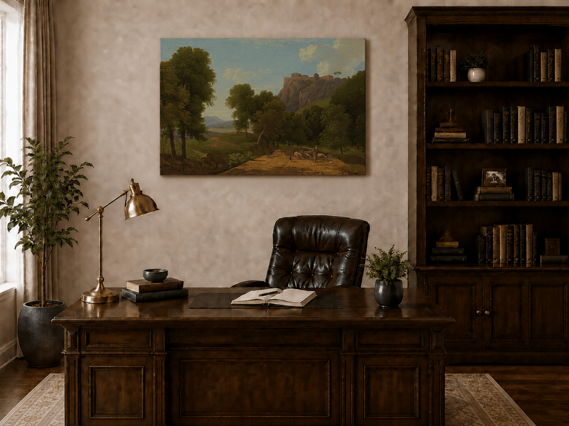 Hand-painted shepherd and sheep on a mountain path landscape oil painting displayed above a console table in a hallway interior.