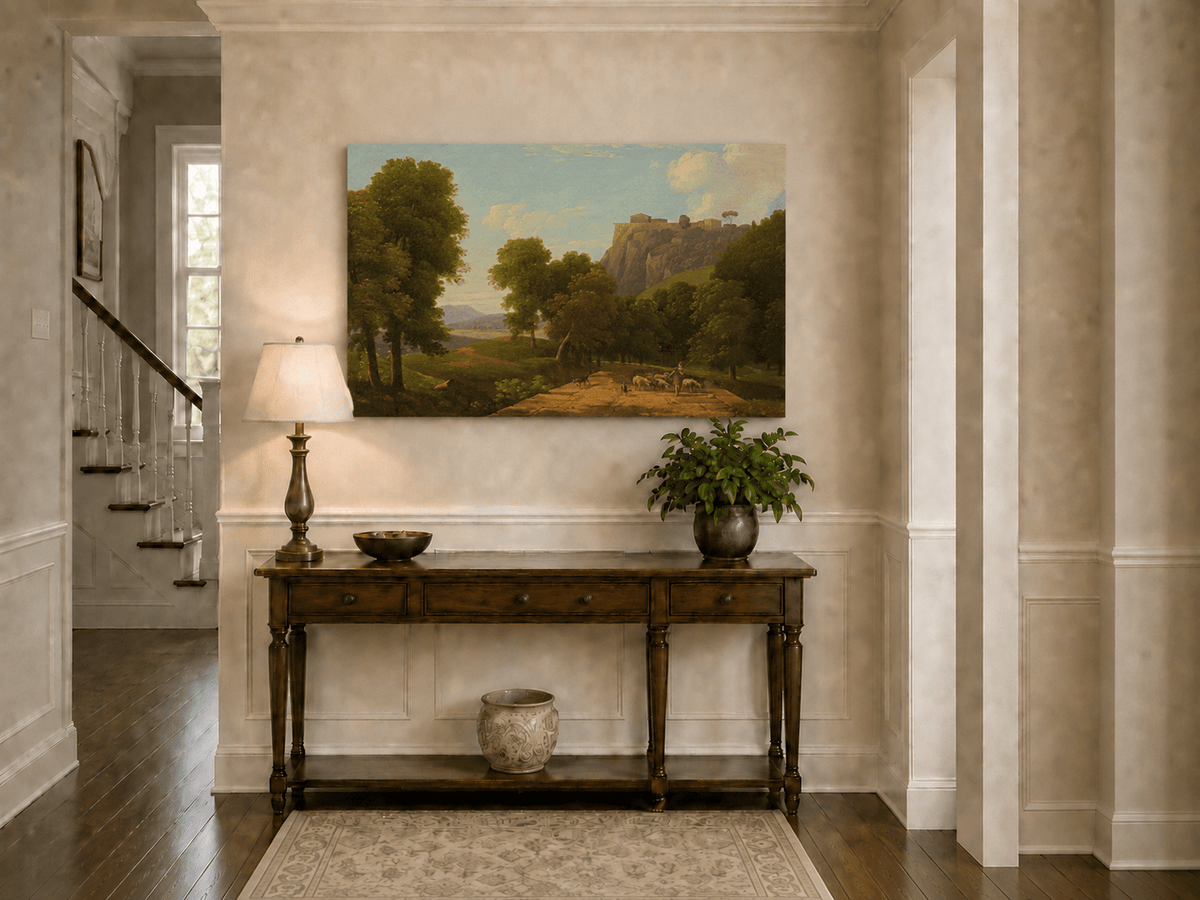 Hand-painted shepherd and sheep on a mountain path landscape oil painting displayed in a bathroom interior above a bathtub.