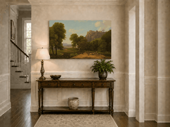 Hand-painted shepherd and sheep on a mountain path landscape oil painting displayed in a bathroom interior above a bathtub.
