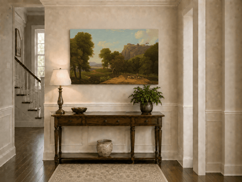 Hand-painted shepherd and sheep on a mountain path landscape oil painting displayed in a bathroom interior above a bathtub.