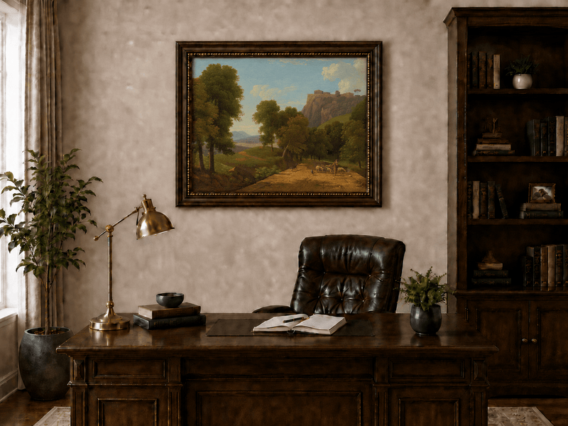 Hand-painted shepherd and sheep on a mountain path landscape oil painting displayed above a desk in a home office interior.