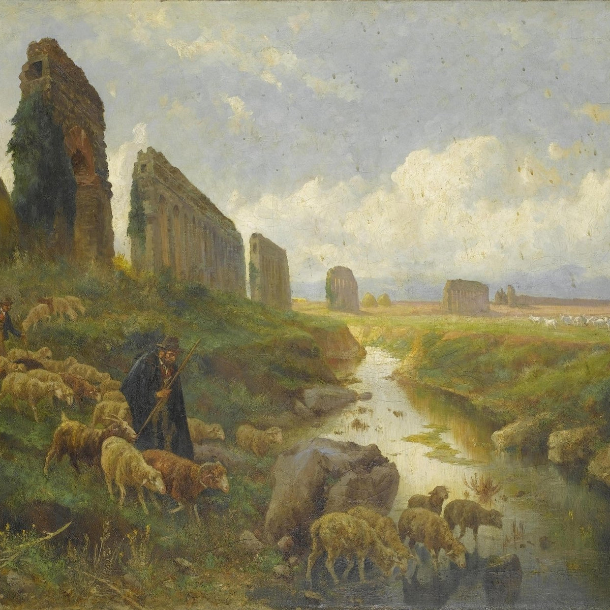 Hand-painted shepherd by ruins and quiet stream landscape oil painting on canvas