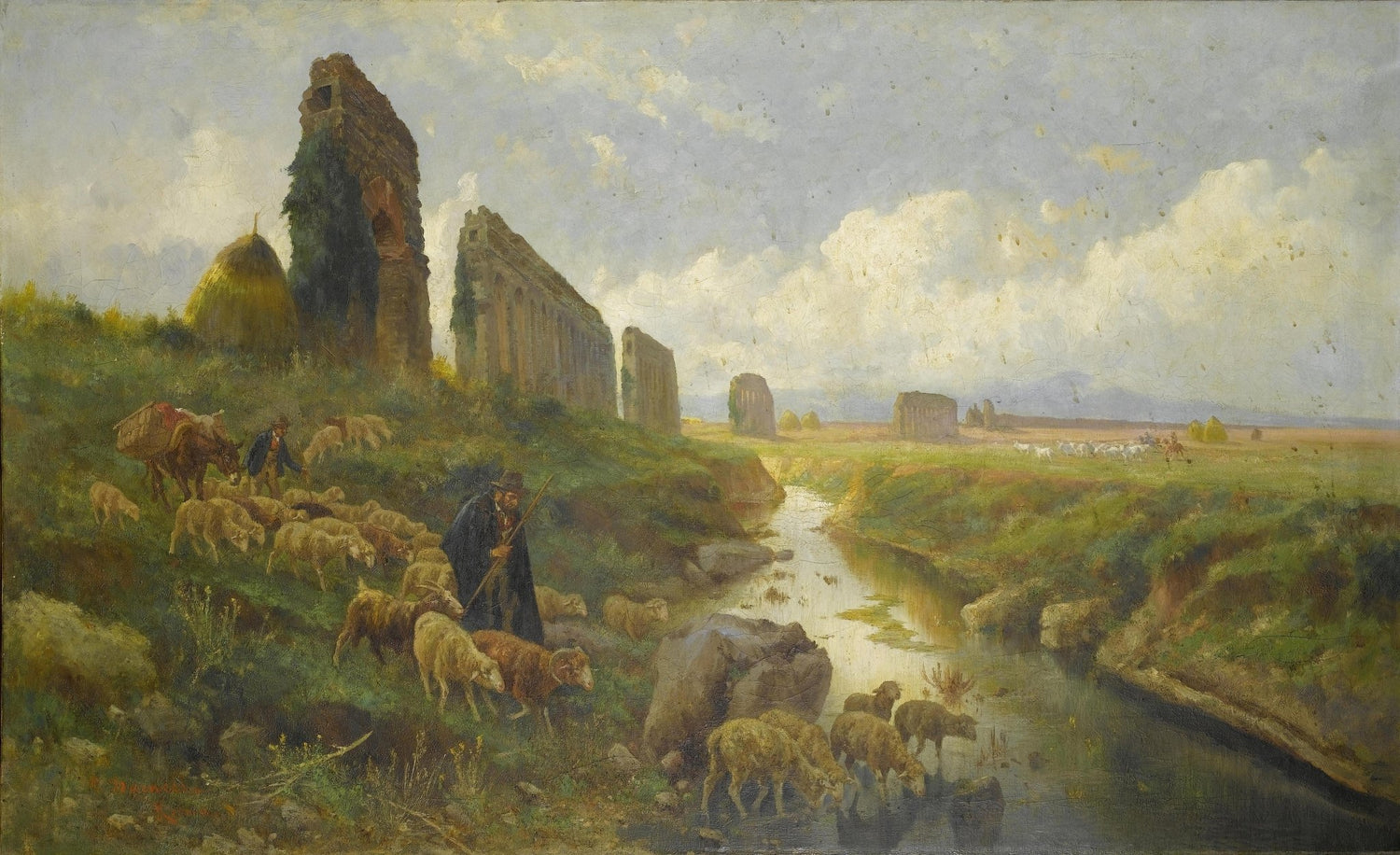 Hand-painted shepherd by ruins and quiet stream landscape oil painting on canvas
