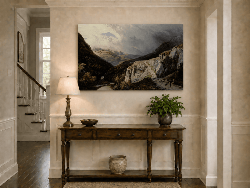 Landscape Oil Painting - Shepherd & Flock Crossing Mountain Pass
