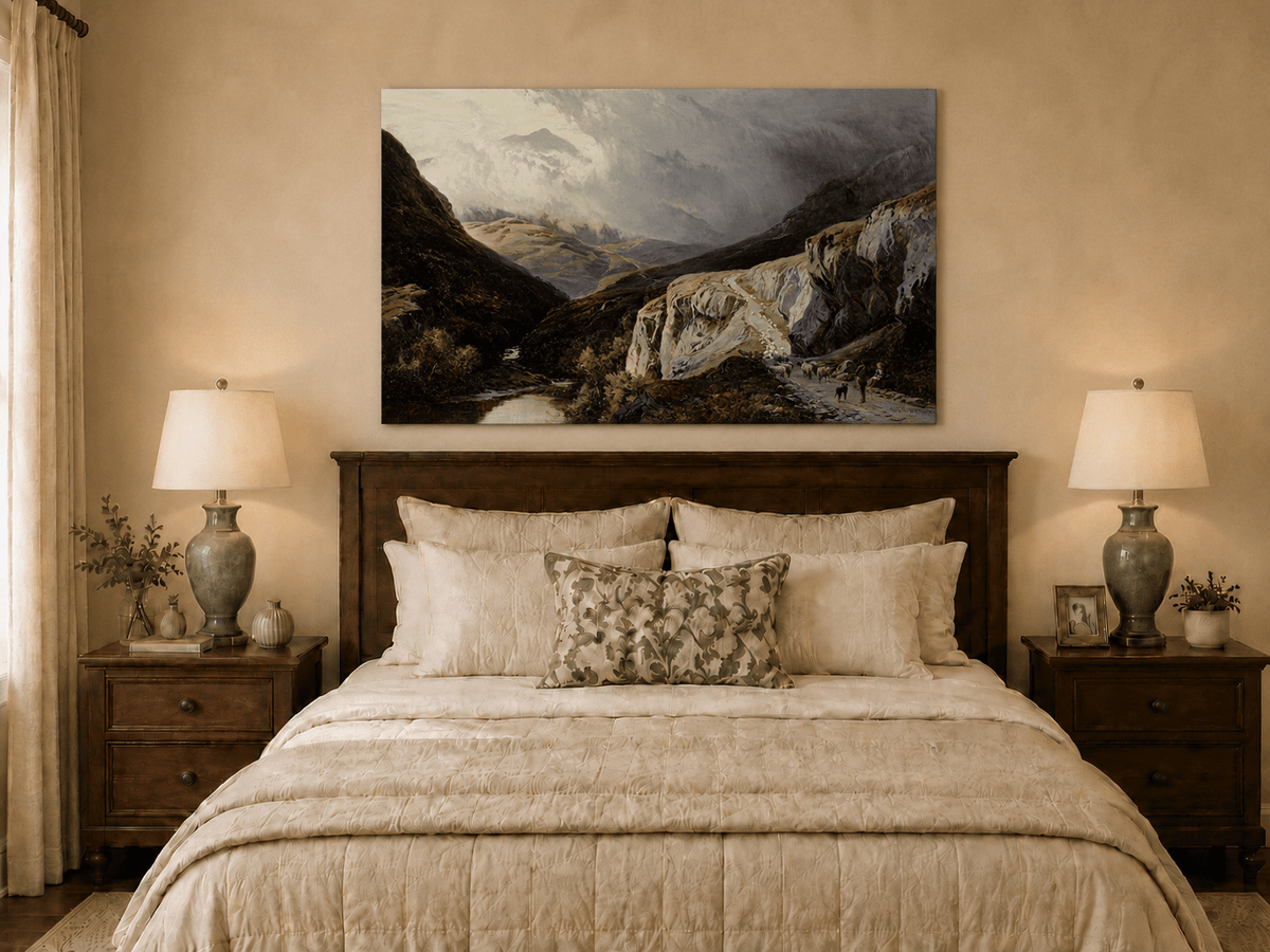 Landscape Oil Painting - Shepherd & Flock Crossing Mountain Pass
