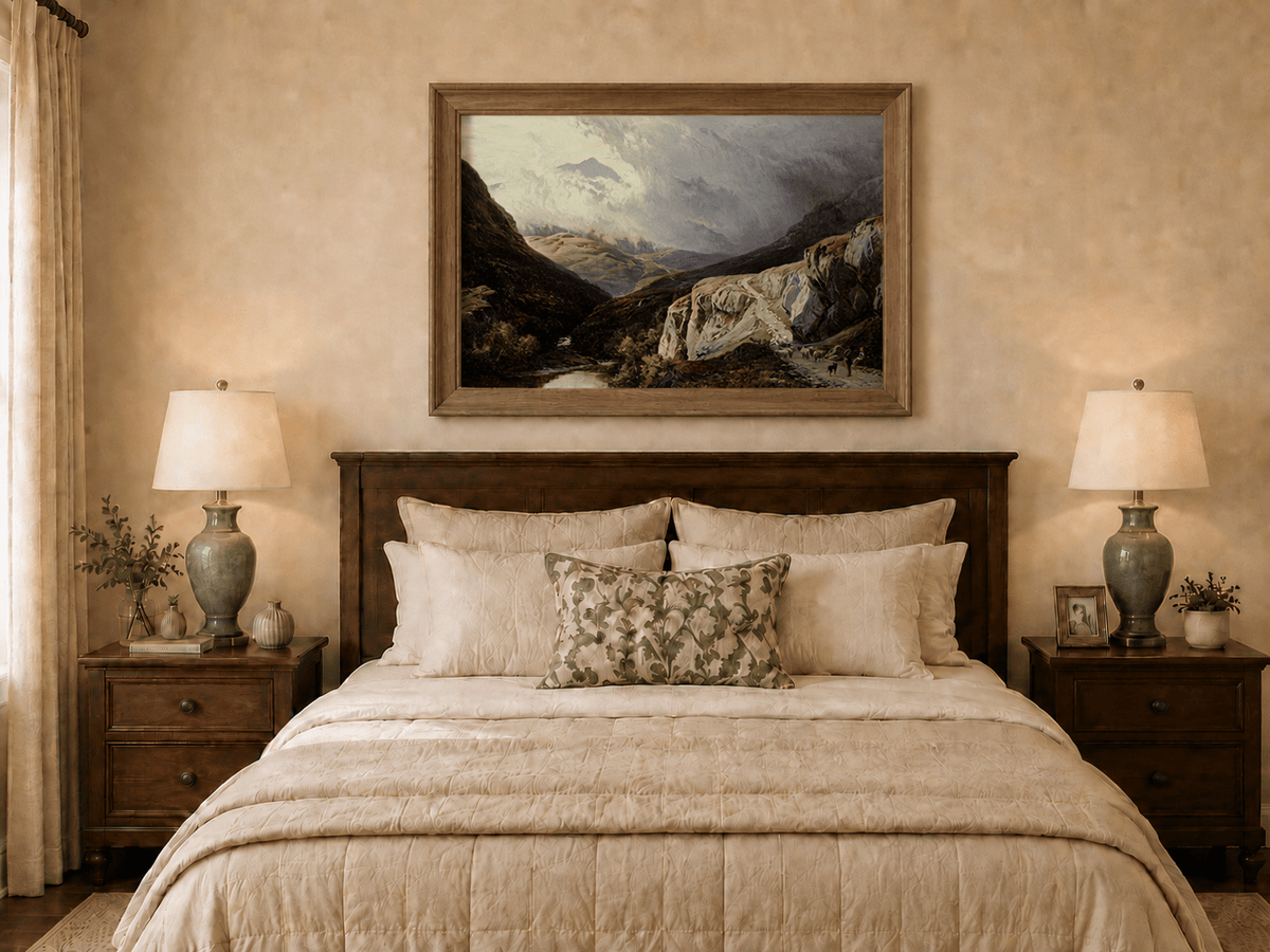Landscape Oil Painting - Shepherd & Flock Crossing Mountain Pass