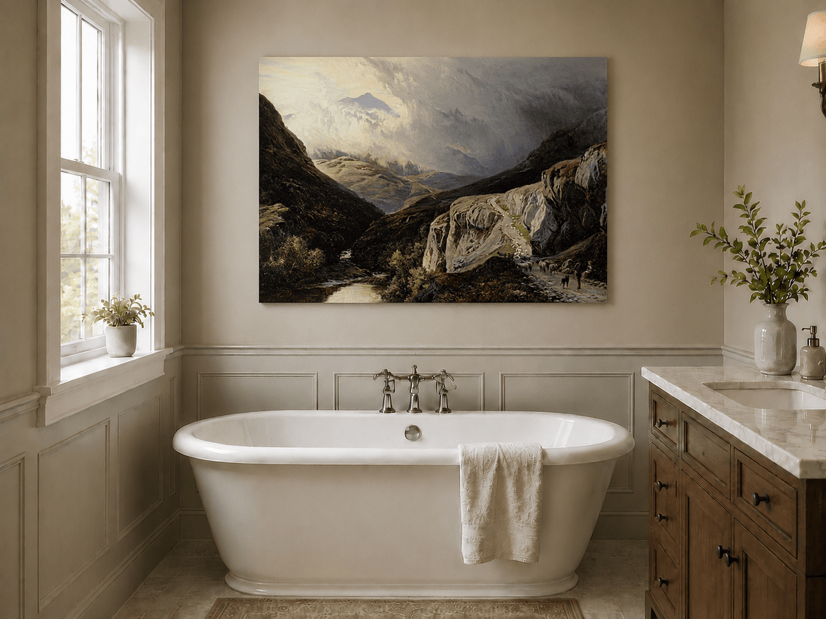 Landscape Oil Painting - Shepherd & Flock Crossing Mountain Pass