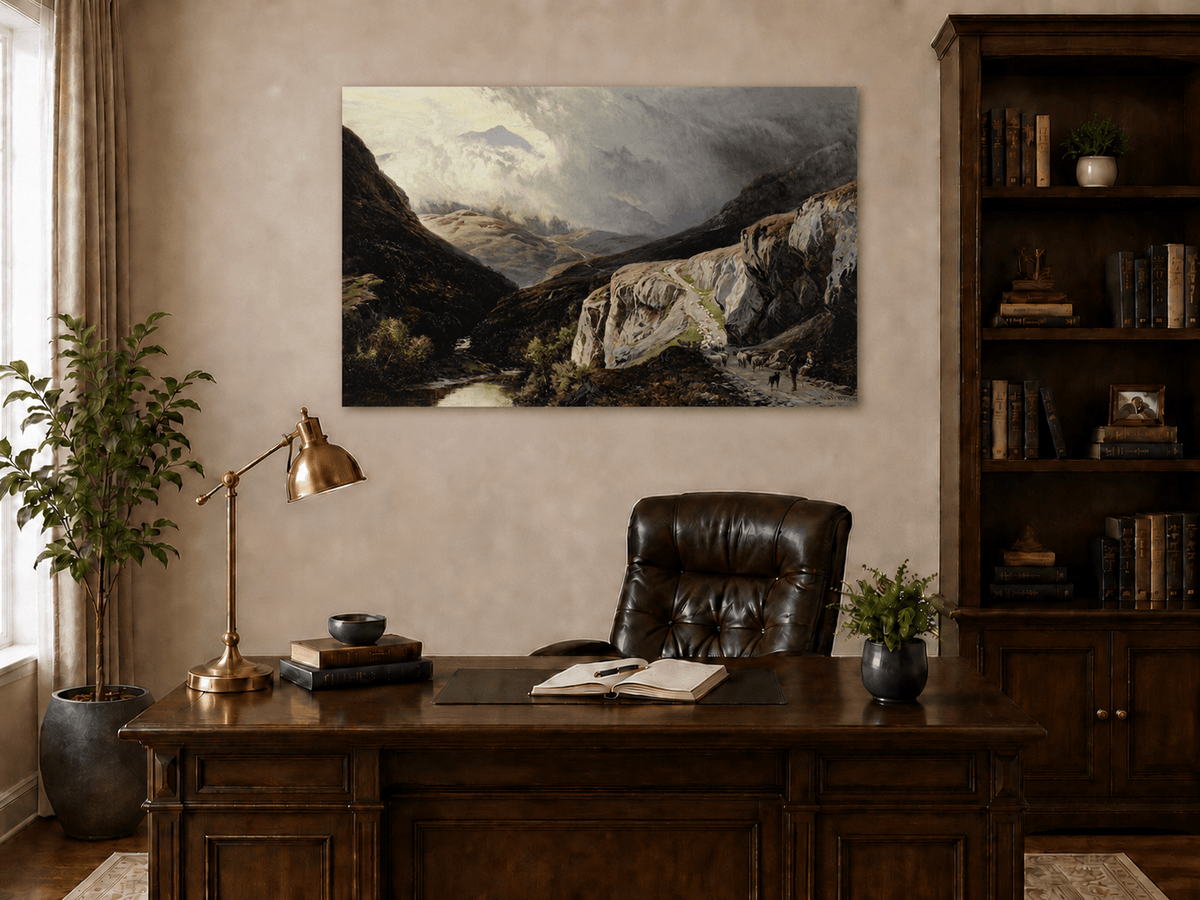 Landscape Oil Painting - Shepherd & Flock Crossing Mountain Pass