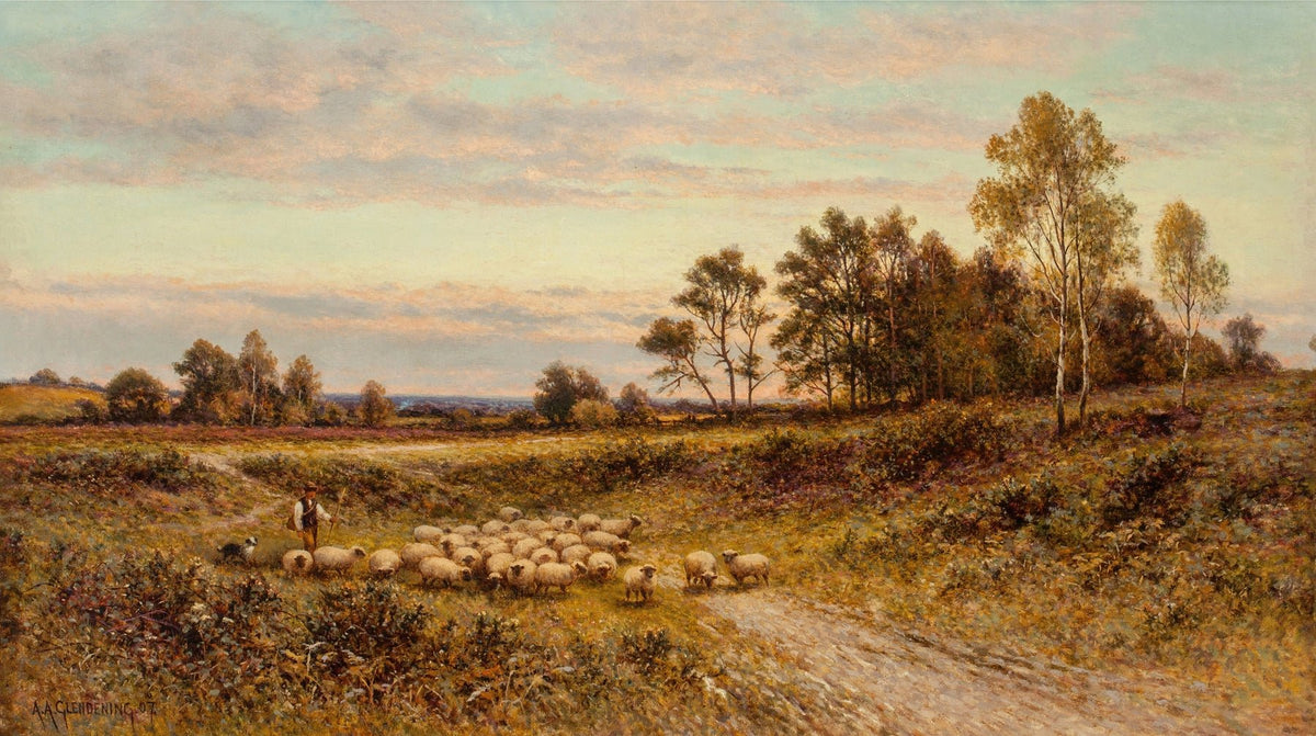 Hand-painted shepherd with sheep in autumn meadow landscape oil painting on canvas