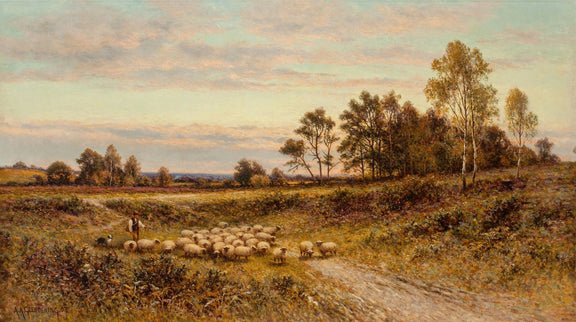 Hand-painted shepherd with sheep in autumn meadow landscape oil painting on canvas
