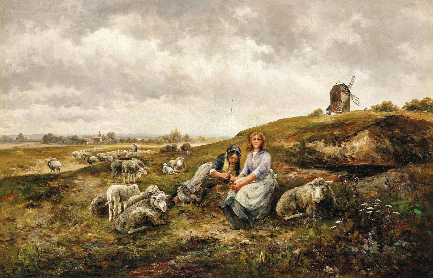 Landscape Oil Painting - Shepherdesses, Sheep & Windmill on Hill - Oil Painting Haven