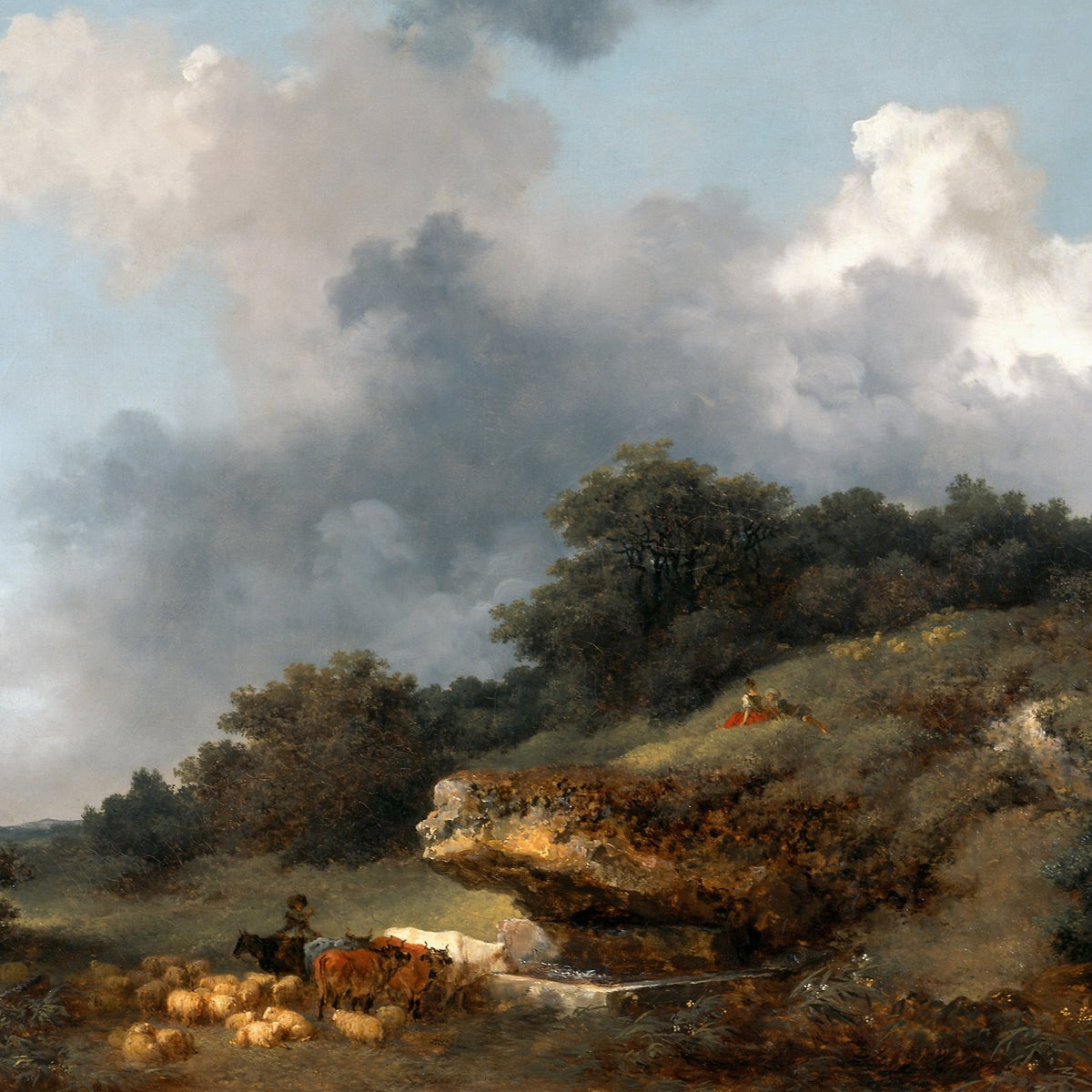 Landschaftsölmalerei – Hirten und Rinder unter stürmischem Himmel
