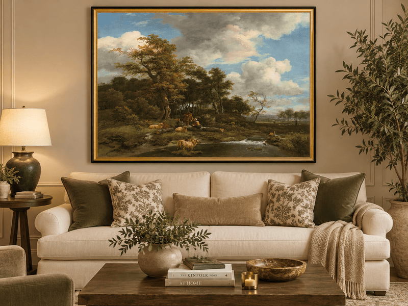 Landscape Oil Painting - Shepherds Sheep by a Woodland Stream