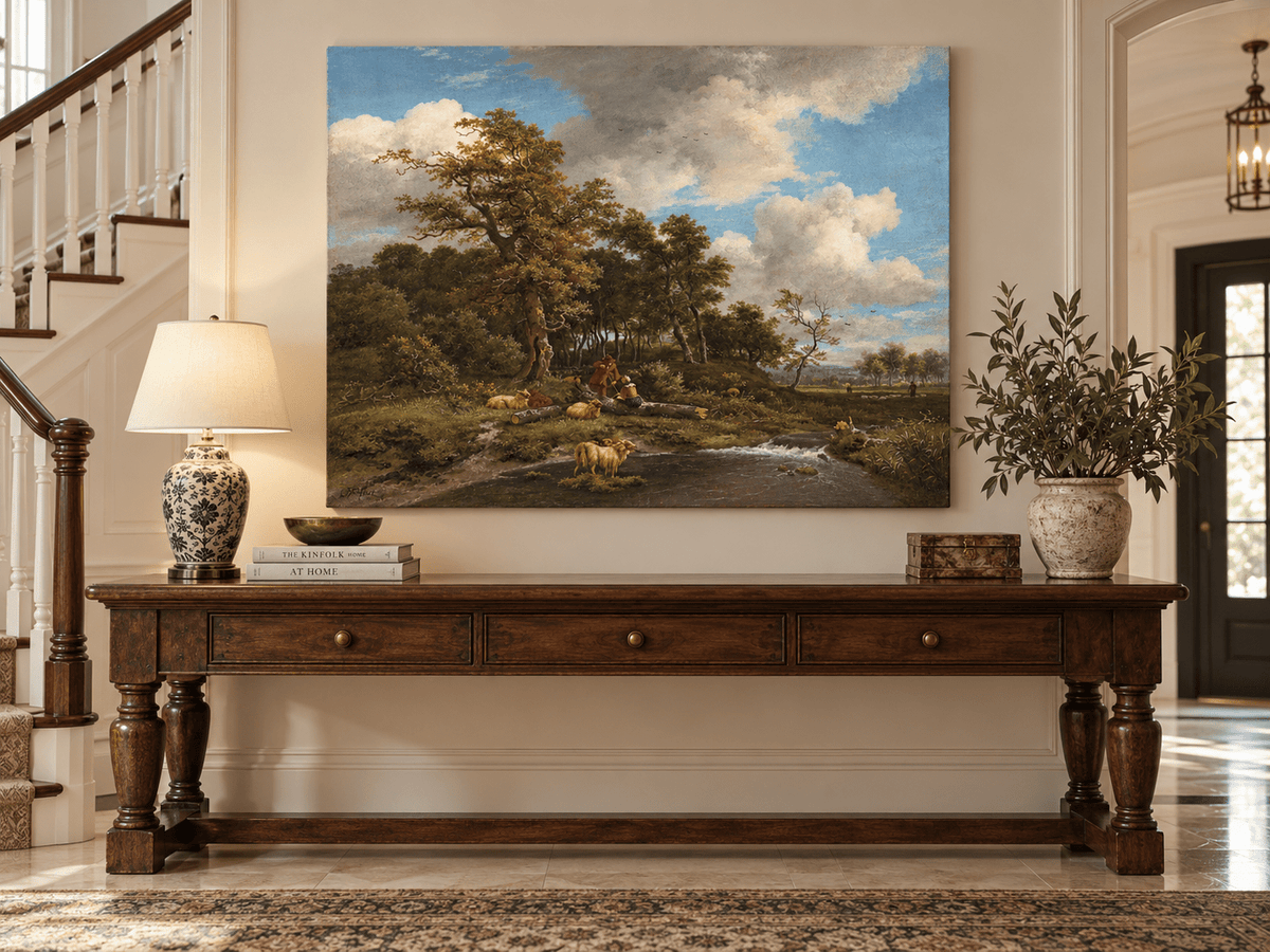 Landscape Oil Painting - Shepherds Sheep by a Woodland Stream