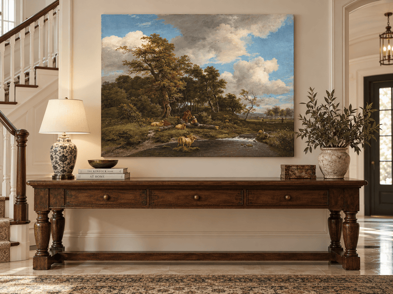 Landscape Oil Painting - Shepherds Sheep by a Woodland Stream