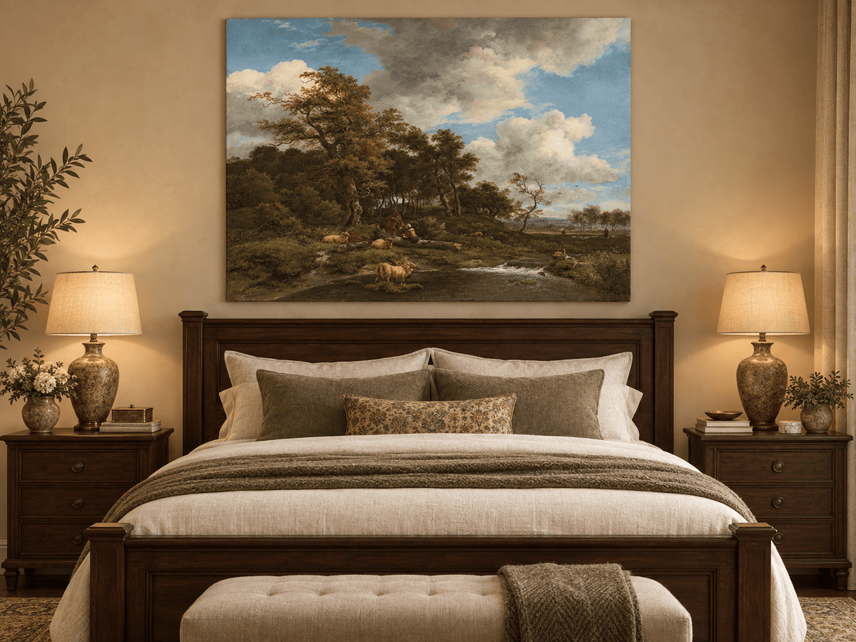 Landscape Oil Painting - Shepherds Sheep by a Woodland Stream