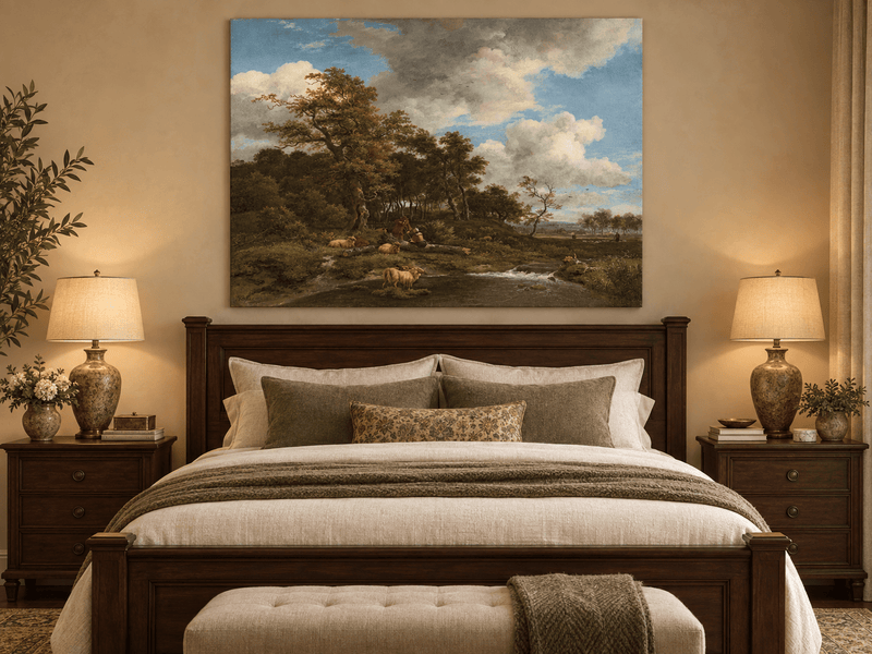 Landscape Oil Painting - Shepherds Sheep by a Woodland Stream