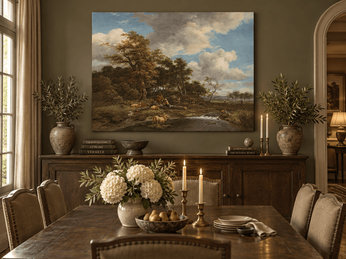 Landscape Oil Painting - Shepherds Sheep by a Woodland Stream