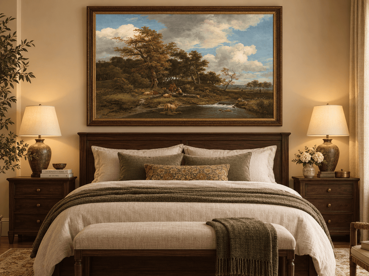 Landscape Oil Painting - Shepherds Sheep by a Woodland Stream