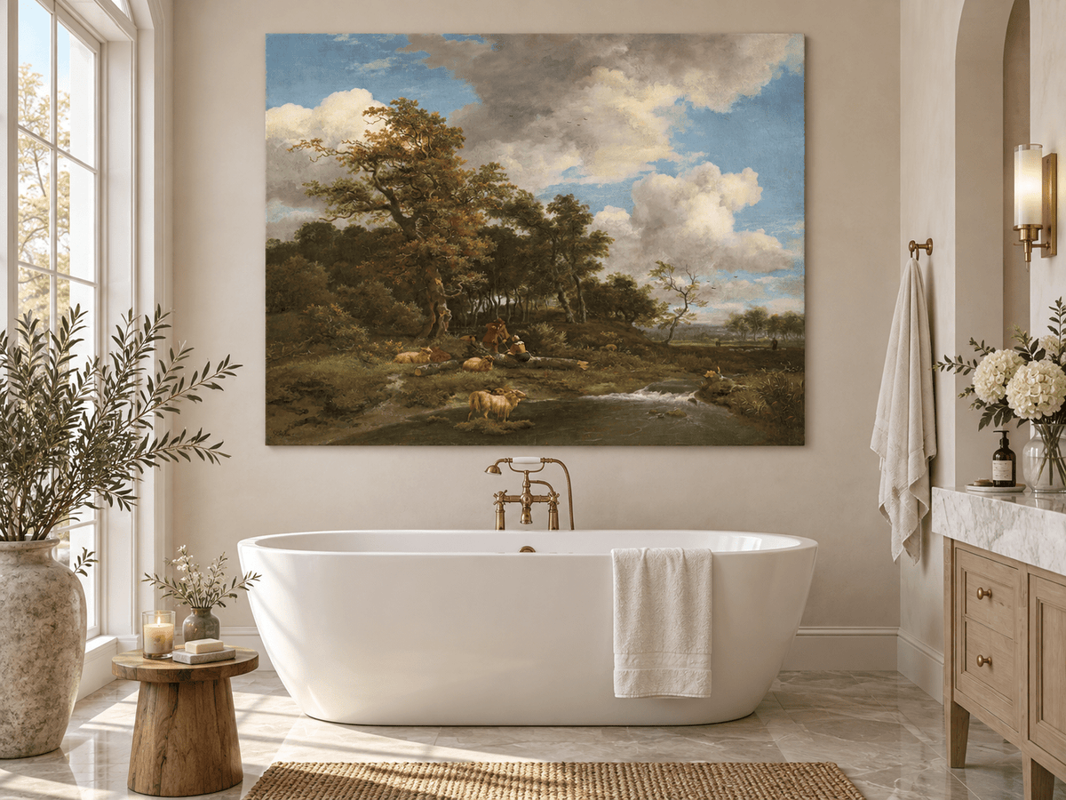 Landscape Oil Painting - Shepherds Sheep by a Woodland Stream