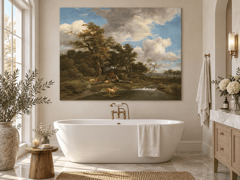 Landscape Oil Painting - Shepherds Sheep by a Woodland Stream