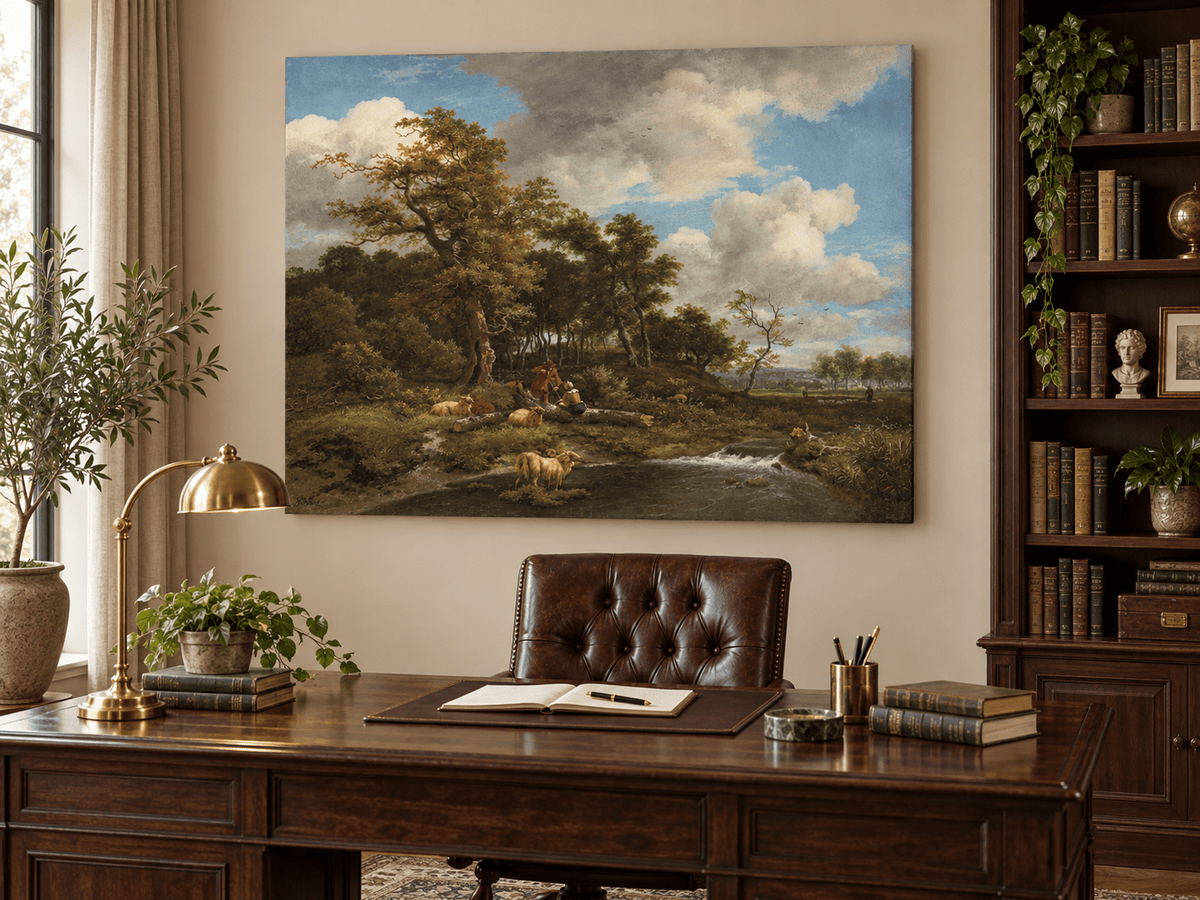 Landscape Oil Painting - Shepherds Sheep by a Woodland Stream