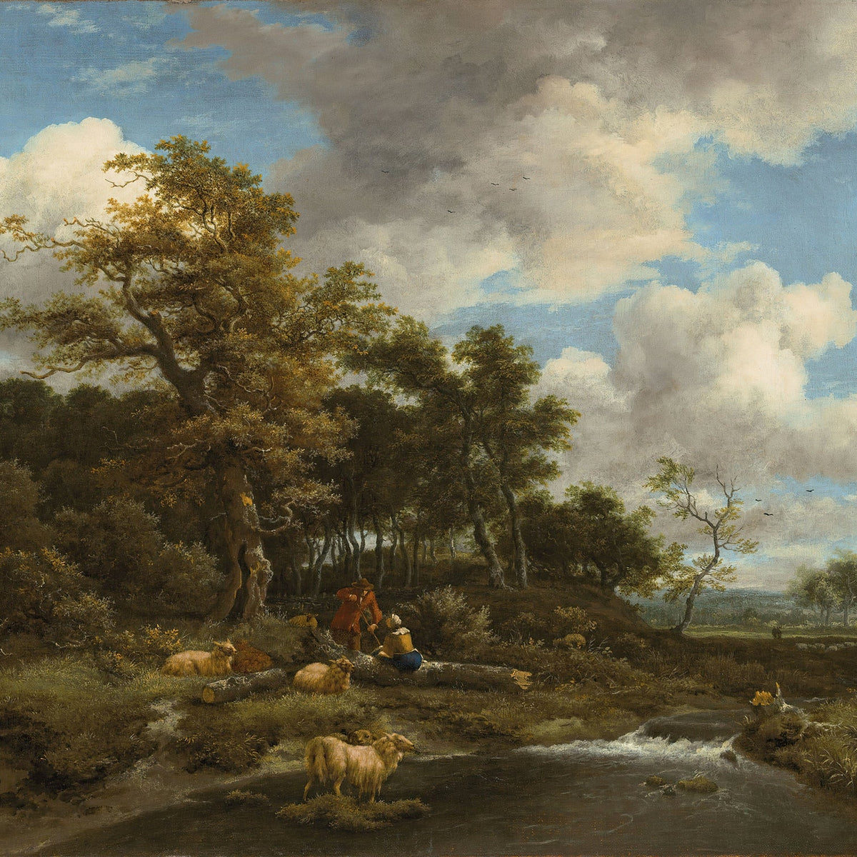 Hand-painted shepherds with sheep by a woodland stream landscape oil painting on canvas