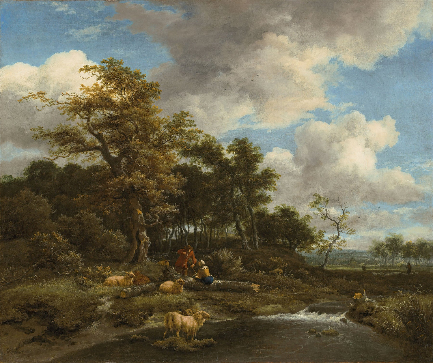 Landscape Oil Painting - Shepherds with Sheep by a Woodland Stream - Oil Painting Haven