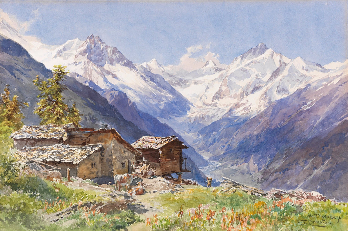Landscape Oil Painting | Snow - Capped Alpine Peaks mountain village cottages - Oil Painting Haven