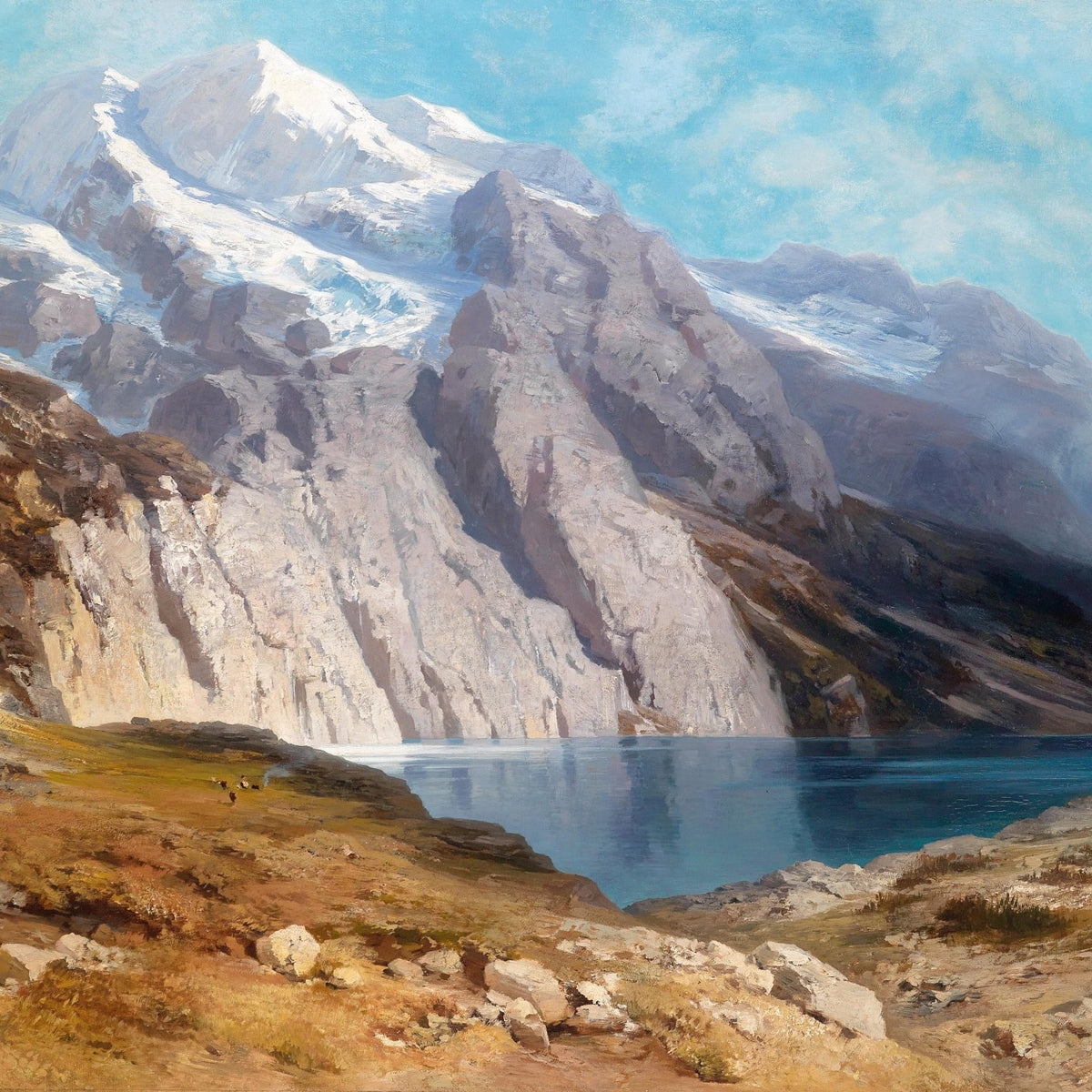 Landscape Oil Painting - Snow - capped mountain & alpine lake, mountain - Oil Painting Haven