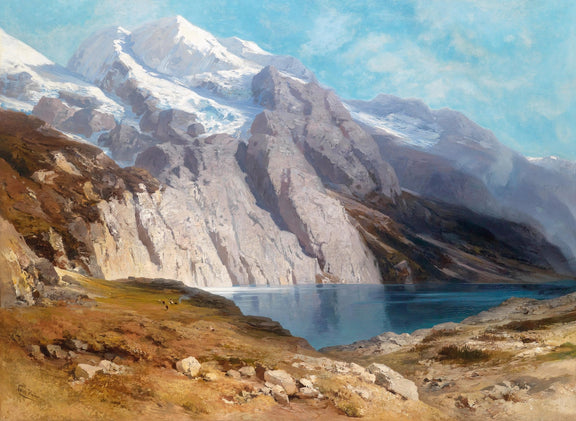 Landscape Oil Painting - Snow - capped mountain & alpine lake, mountain - Oil Painting Haven