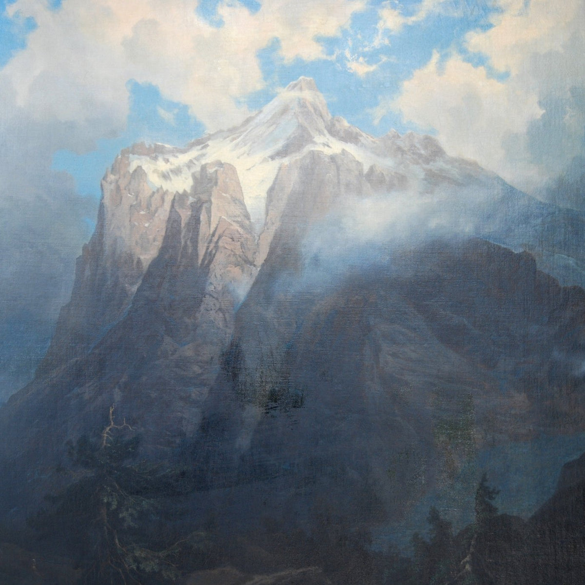 Hand-painted snow-capped mountain in mist landscape oil painting on canvas