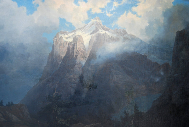 Hand-painted snow-capped mountain in mist landscape oil painting on canvas