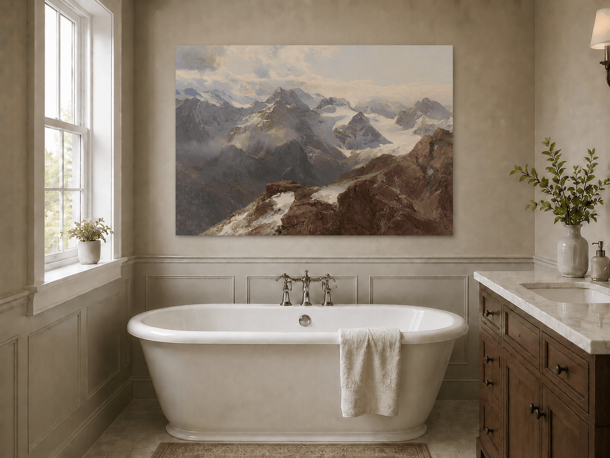 Peinture à l'huile de paysage - Chaîne de montagnes enneigées et pics rocheux